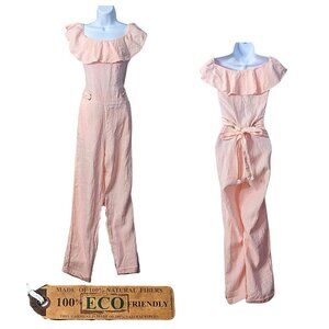 NWT CLAUDIO MILANO Pre-Launch Pink Ruffle Off-Shoulder Linen Jumpsuit #8707 Sz S